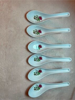 White Melamine Asian Soup Spoons with Pink Floral Accent - Set of 6